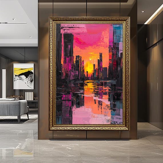 Abstract Sunset Cityscape Canvas Art Modern Urban Wall Decor