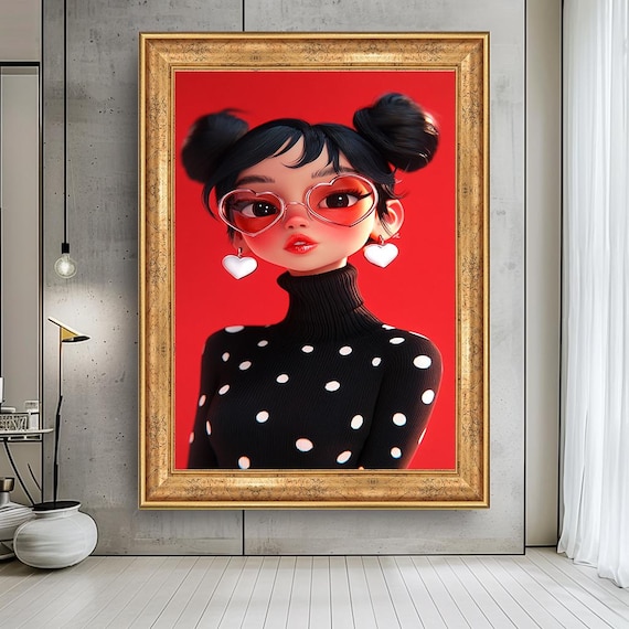 Pop Art Girl With Heart Glasses And Polka Dot Turtleneck Portrait Poster