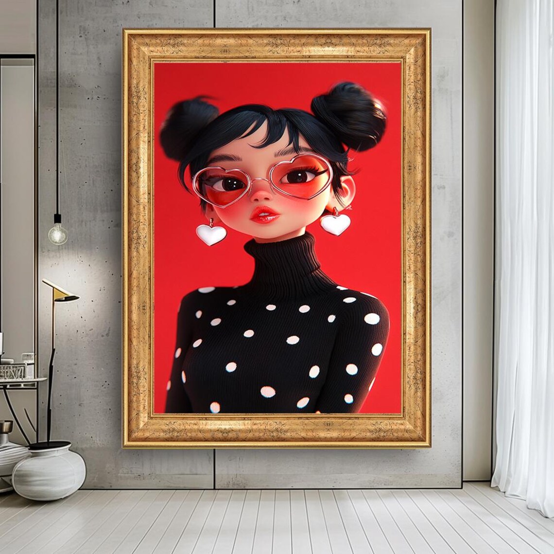 Pop Art Girl With Heart Glasses And Polka Dot Turtleneck Portrait Poster
