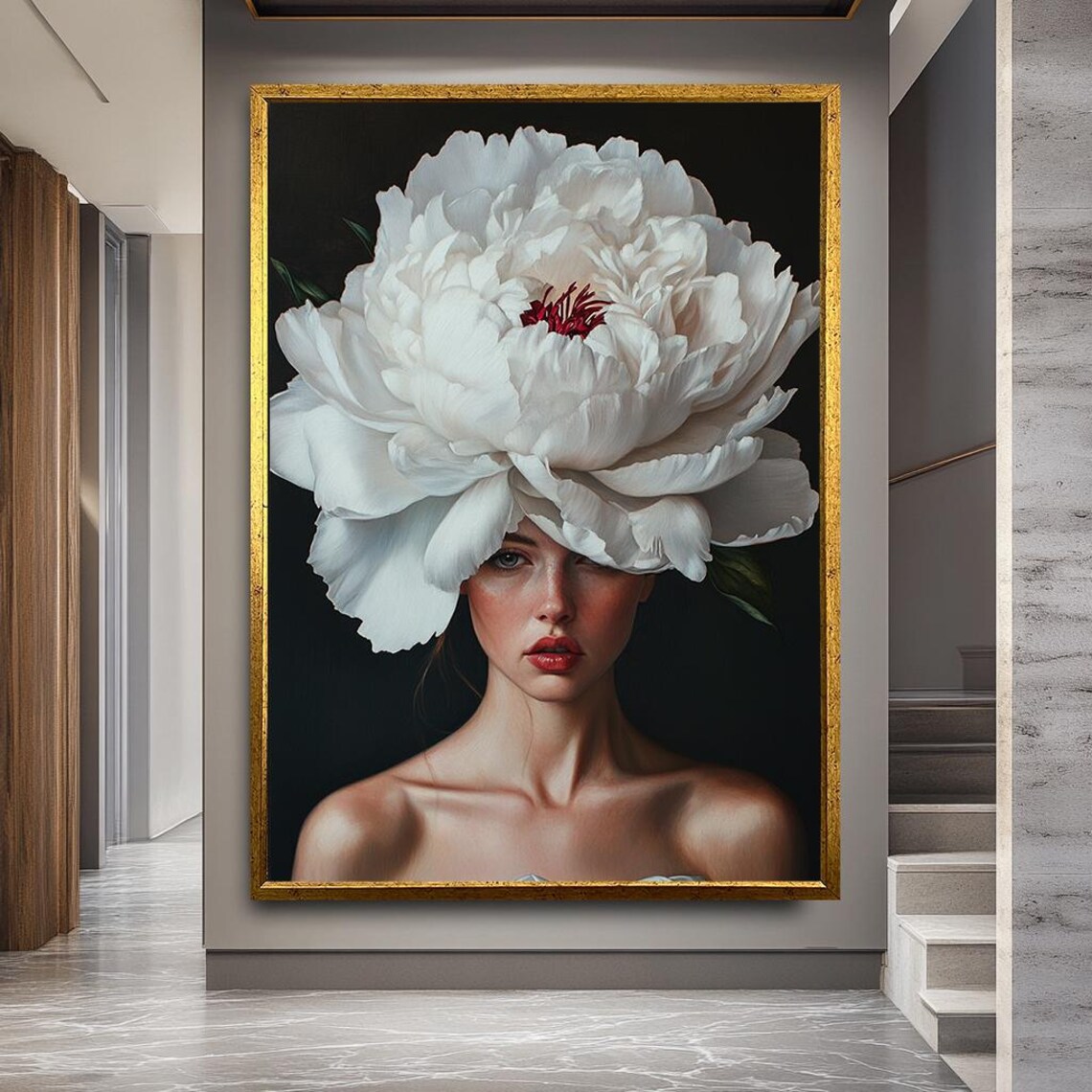 Woman With White Peony Flower Elegant Floral Portrait Art Print