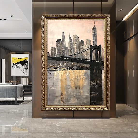 New York City Brooklyn Bridge Gold Skyline Painting On Blush Pink Poster