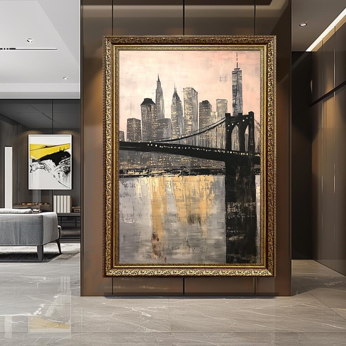 New York City Brooklyn Bridge Gold Skyline Painting On Blush Pink Poster
