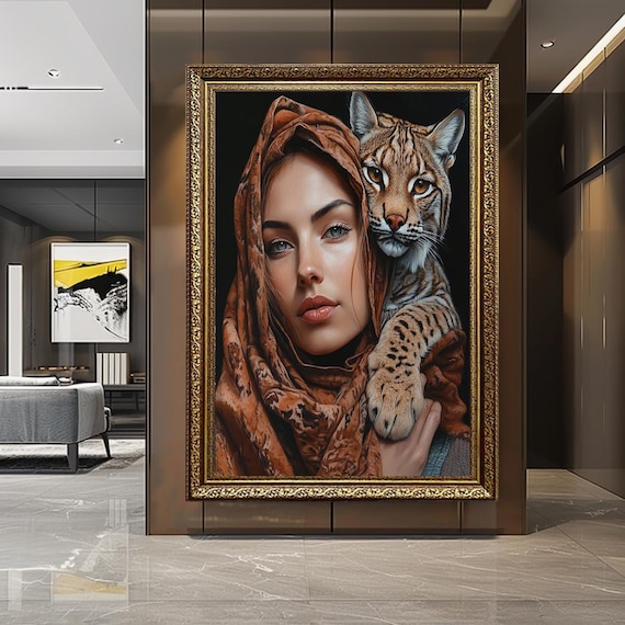 Boho Woman With Wild Spotted Cat In Rust Hood Mystical Portrait Poster