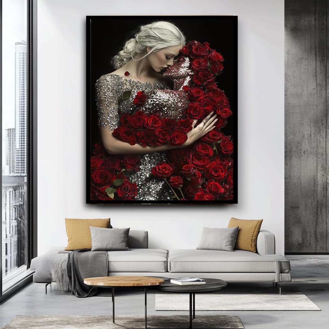 Elegant Woman Embracing Red Roses Silver Sequin Gown Love Poster - Image 3