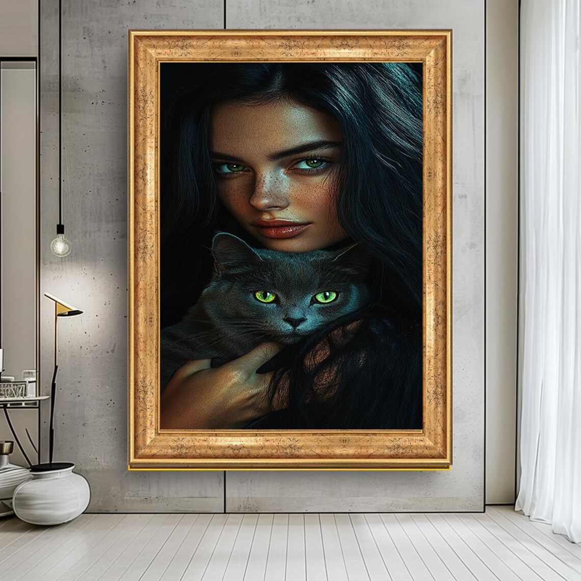 Mysterious Woman With Greeneyed Cat Canvas Print Dark And Elegant Portrait Art Modern Feline Female Wall For Living Room