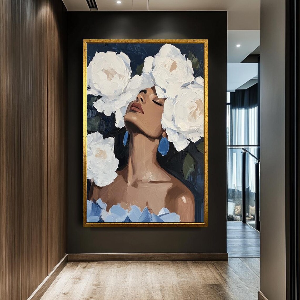 Elegant Woman Portrait With White Flowers Modern Feminine Art Poster - Image 3