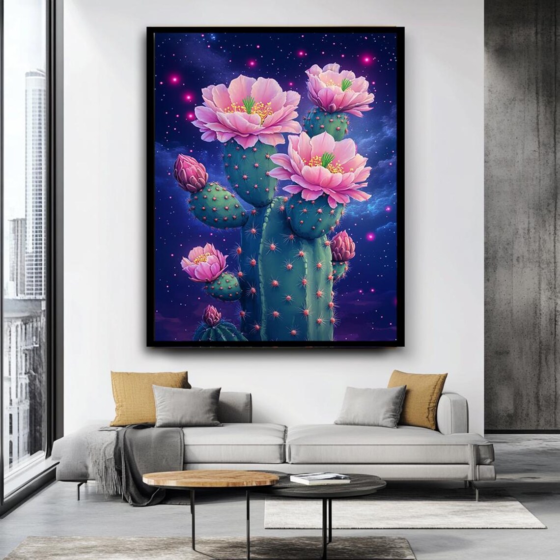 Pink Cactus Flowers Starry Night Cosmic Desert Botanical Wall Art - Image 4