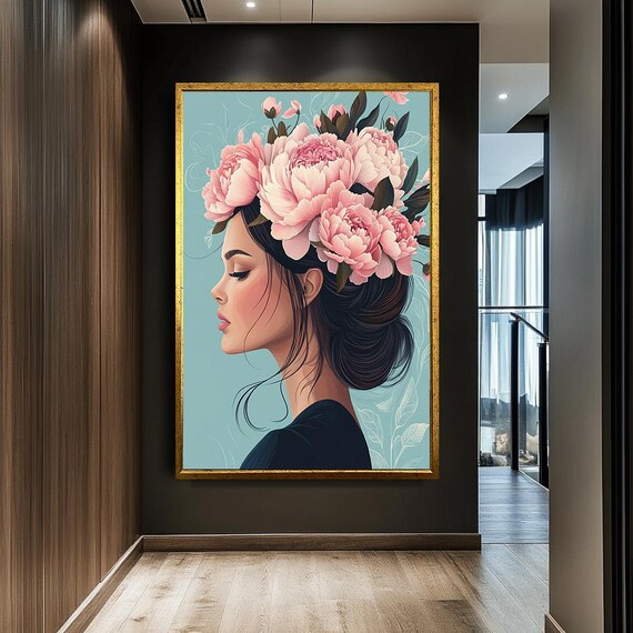 Pink Peony Crown Woman Profile Elegant Floral Portrait Poster