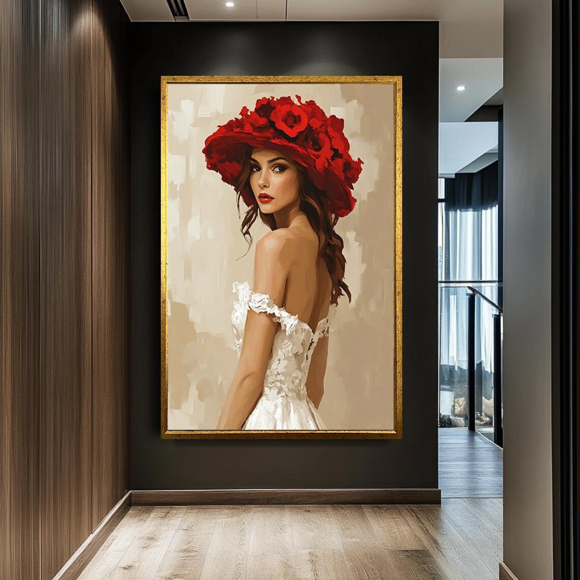 Elegant Woman Red Floral Hat White Dress Romantic Portrait Wall Art - Image 2