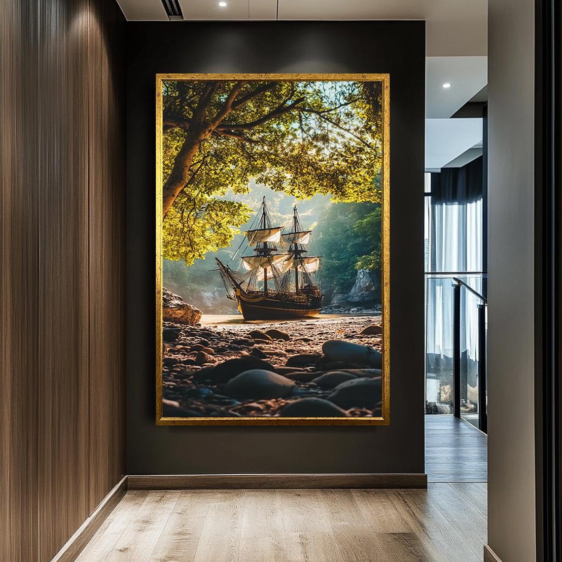 Vintage Pirate Ship Forest Cove Rocky Beach Nautical Adventure Poster - Image 2