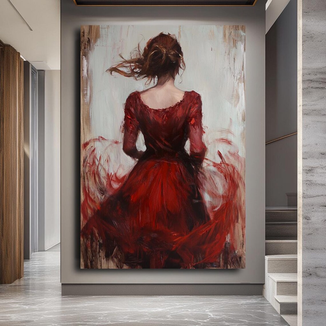 Woman In Flowing Red Dress Back View Emotional Painterly Art Poster - Image 3