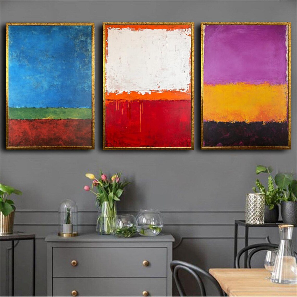 Abstract Color Block Triptych Art Poster Set in Bold Blue Red Purple