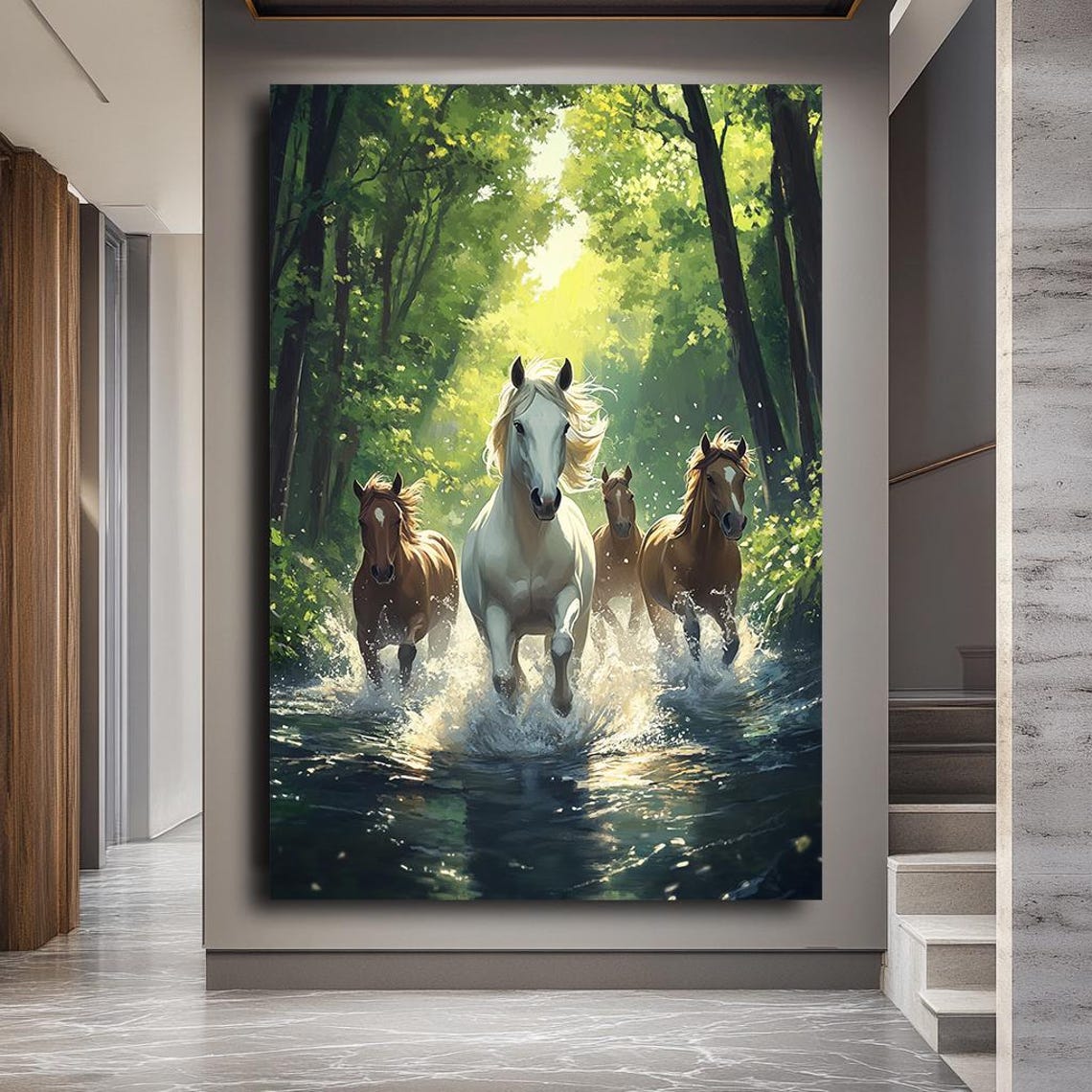 Four Horses Running Through Forest Stream Sunlight Nature Art Poster