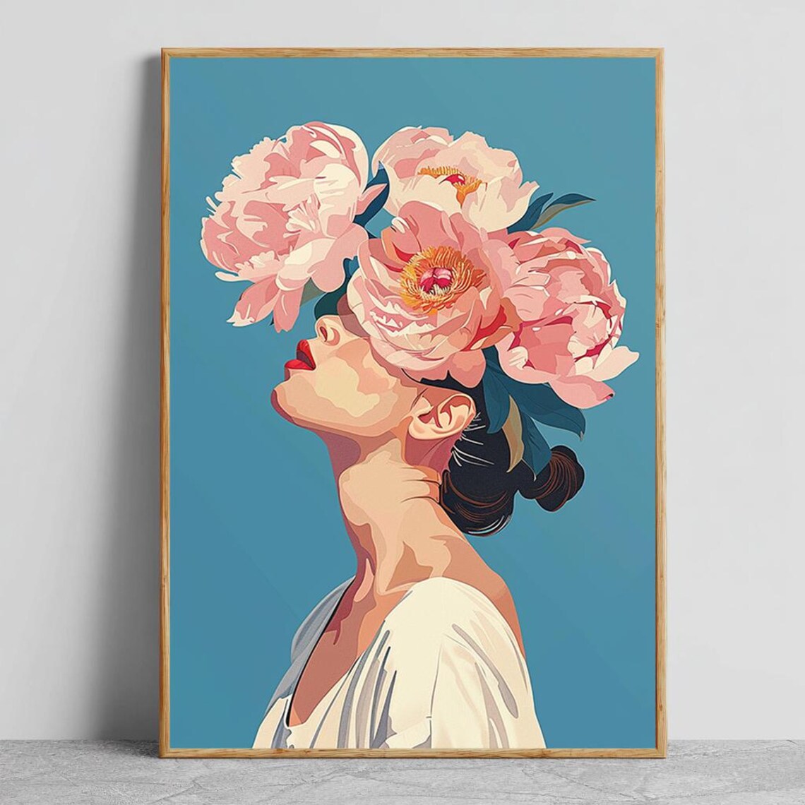 Woman With Pink Peony Flower Crown Pop Art Portrait Blue Poster