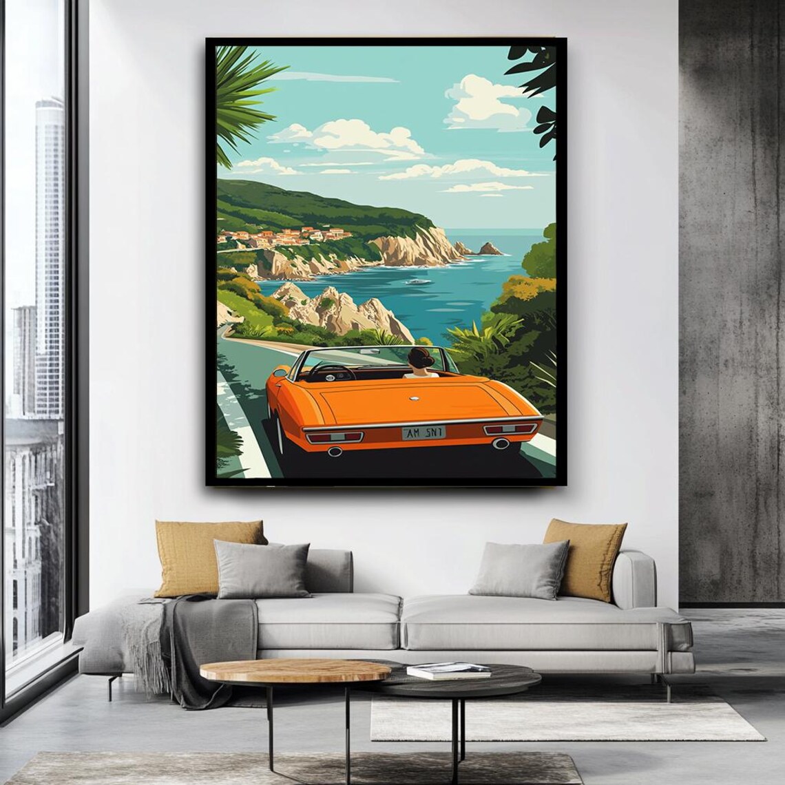 Vintage Orange Convertible Coastal Road Trip Seaside Drive Poster - Image 3