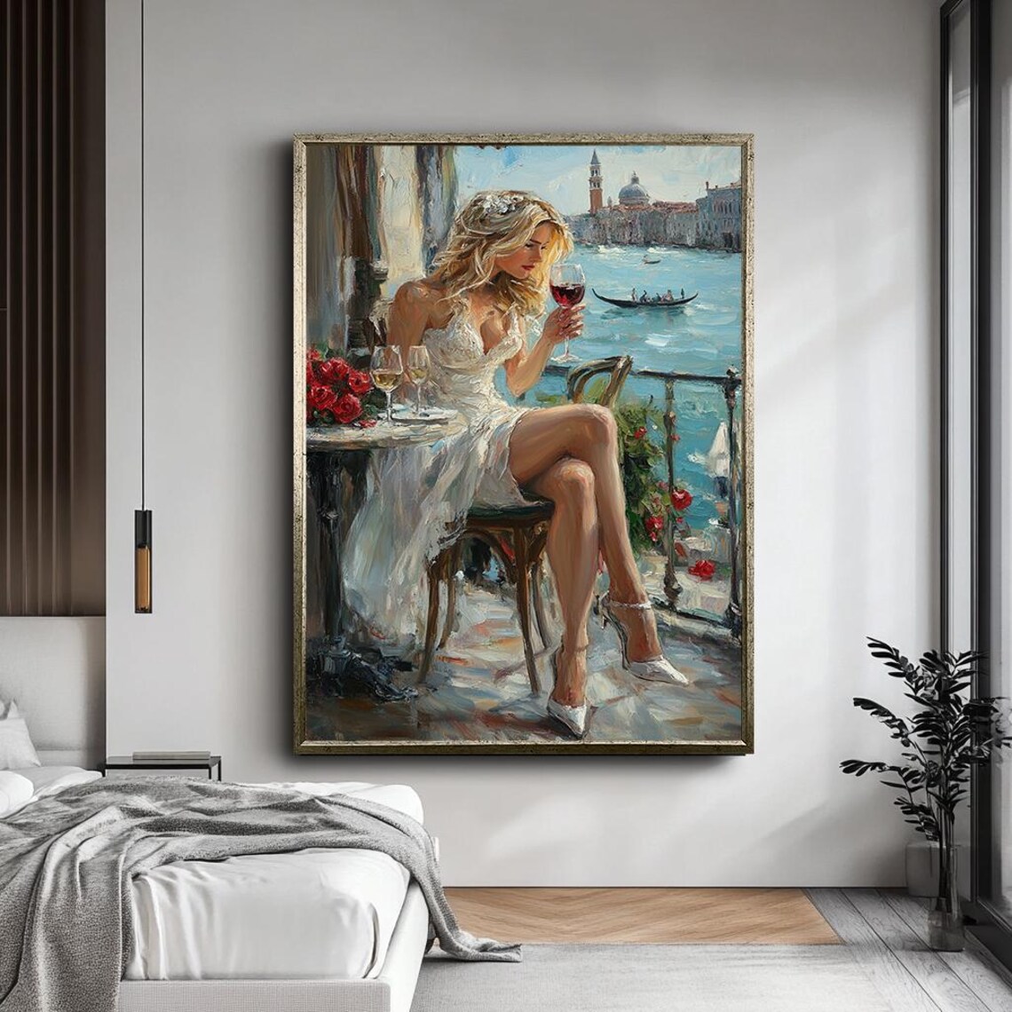 Woman Drinking Wine in Venice, Romantic Art Print - Image 5