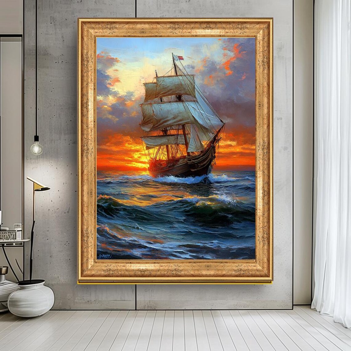 Sunset Ocean Art Sunset Sailing Ship Print Majestic Tall Ship On The Ocean At Sunset Nautical Wall Art