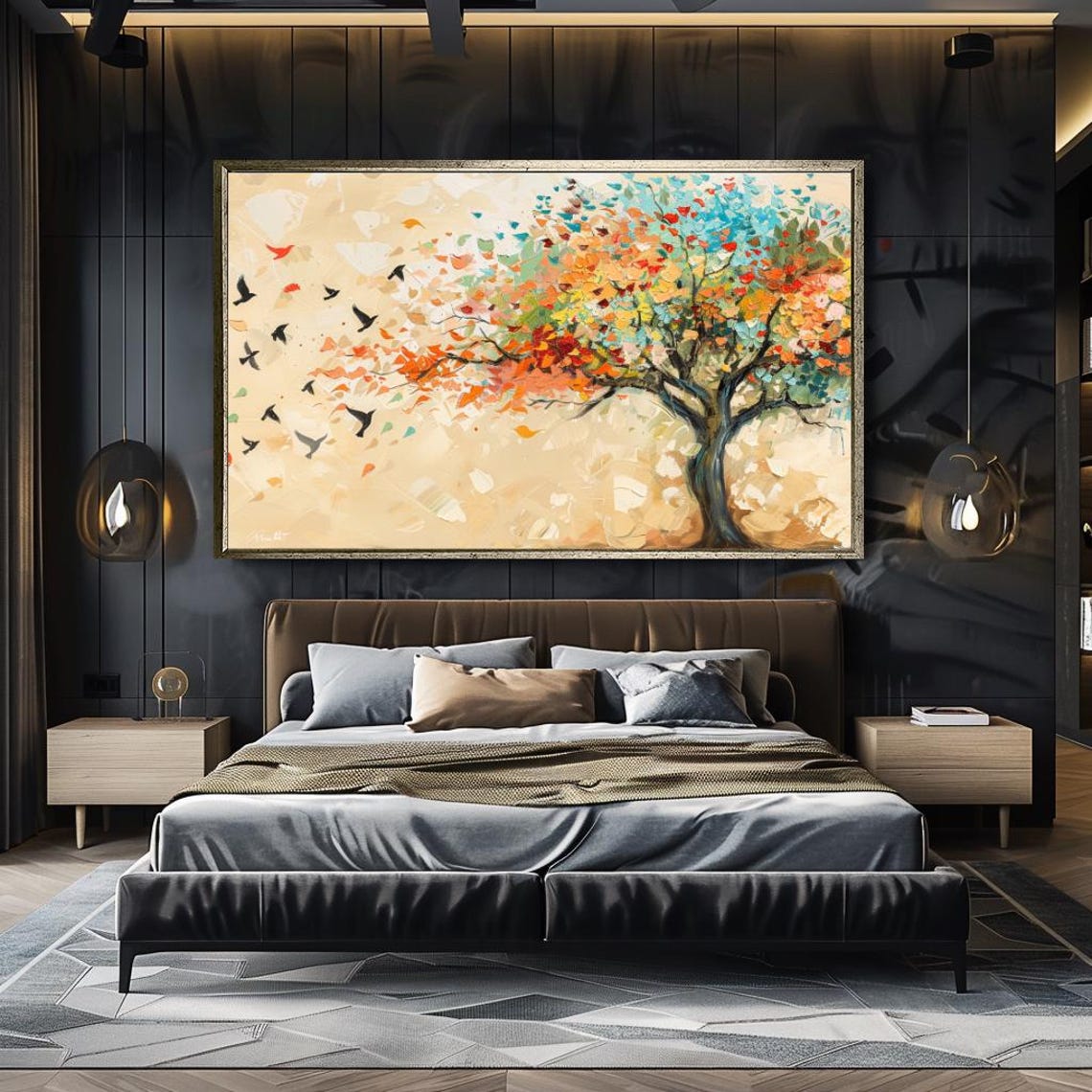 Colorful Autumn Tree Falling Leaves Birds Flying Nature Art Poster - Image 3