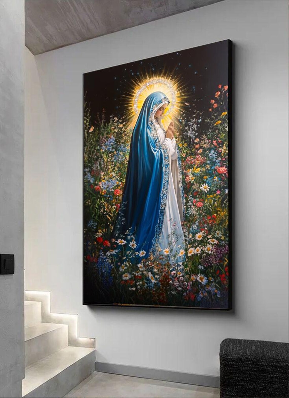 Virgin Mary Floral Religious Art Print for Home
