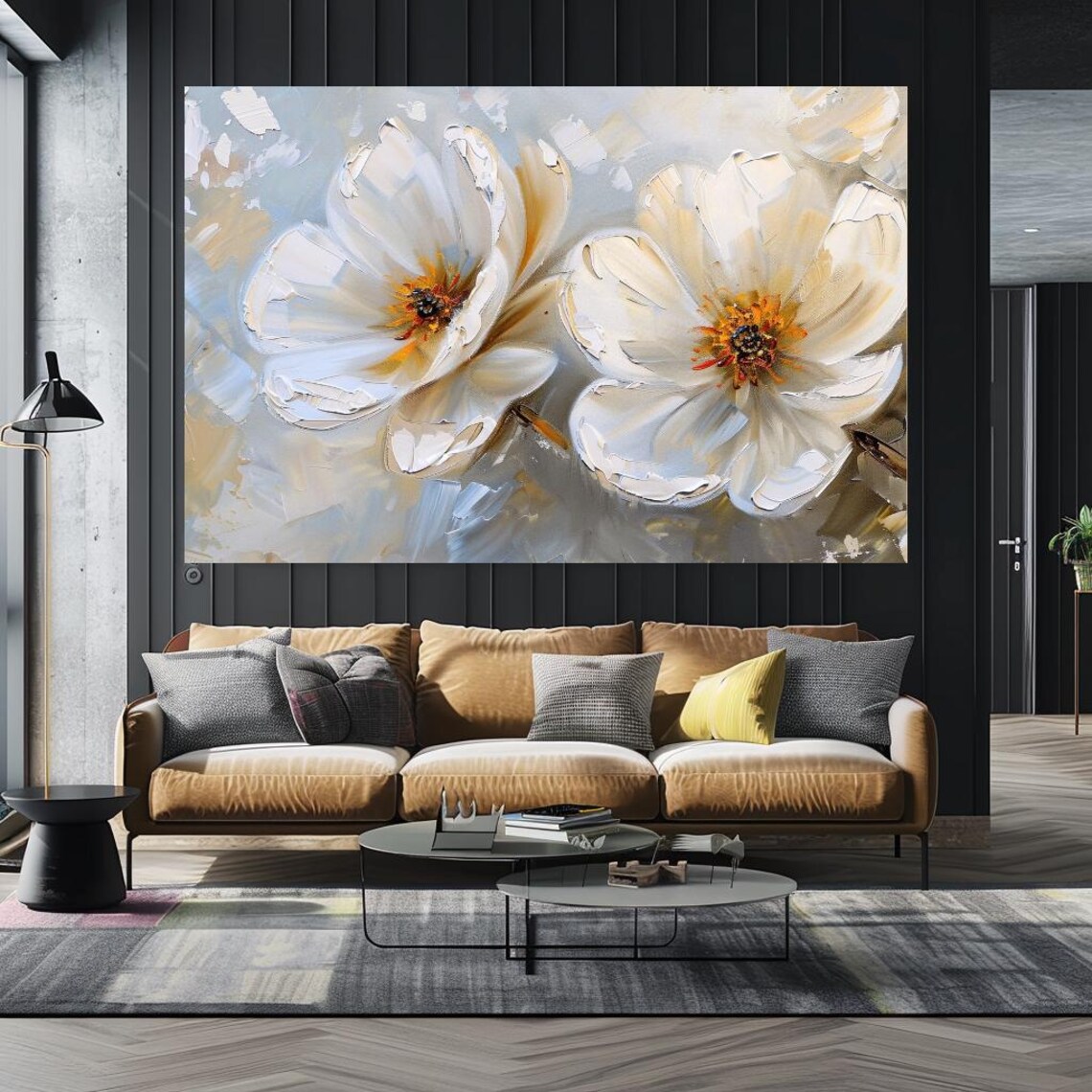 Large White Flowers Oil Painting Neutral Elegant Botanical Wall Poster - Image 5