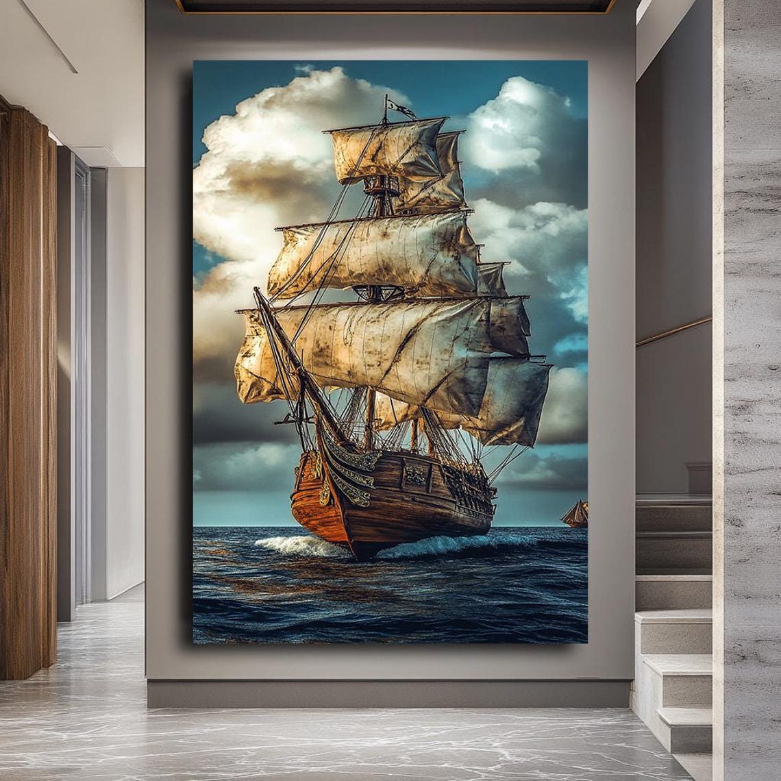 Vintage Tall Ship Full Sails Dramatic Ocean Nautical Painting Poster - Image 5