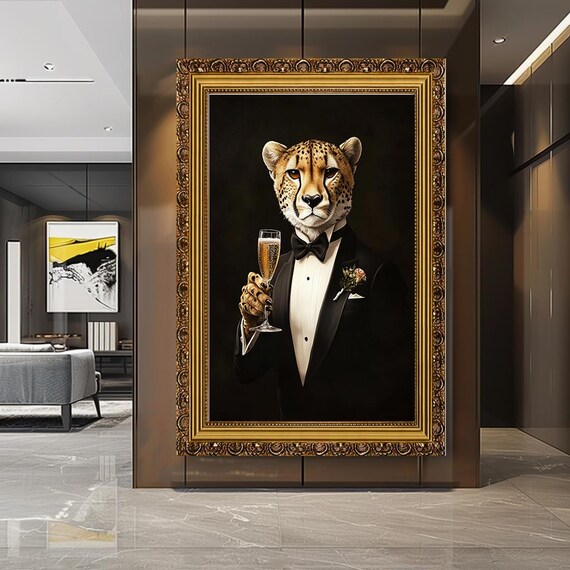 Cheetah In Tuxedo Wall Art Sophisticated Animal Portrait Classy Wildlife Canvas Print Luxury Home Decor Large Modern