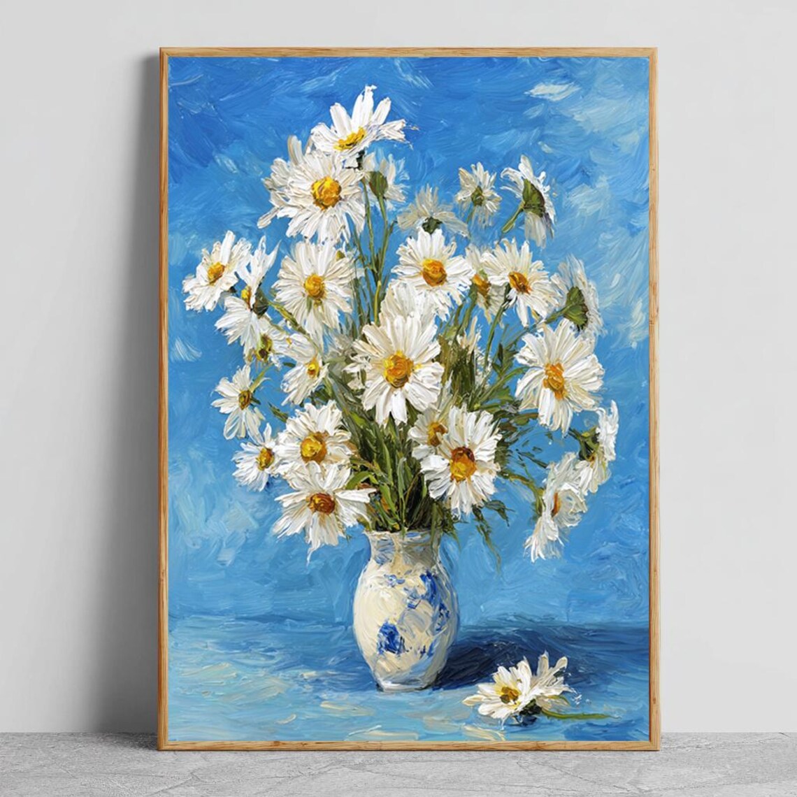 White Daisies In Vase, Floral Oil Painting Style