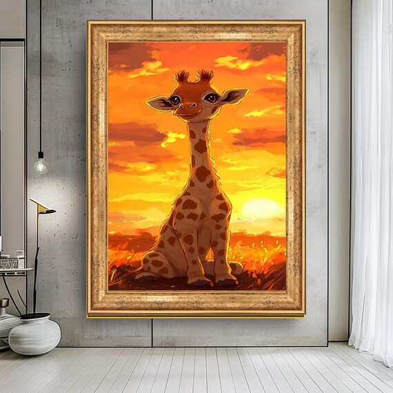 Cute Baby Giraffe Golden Sunset Whimsical Safari Nursery Poster
