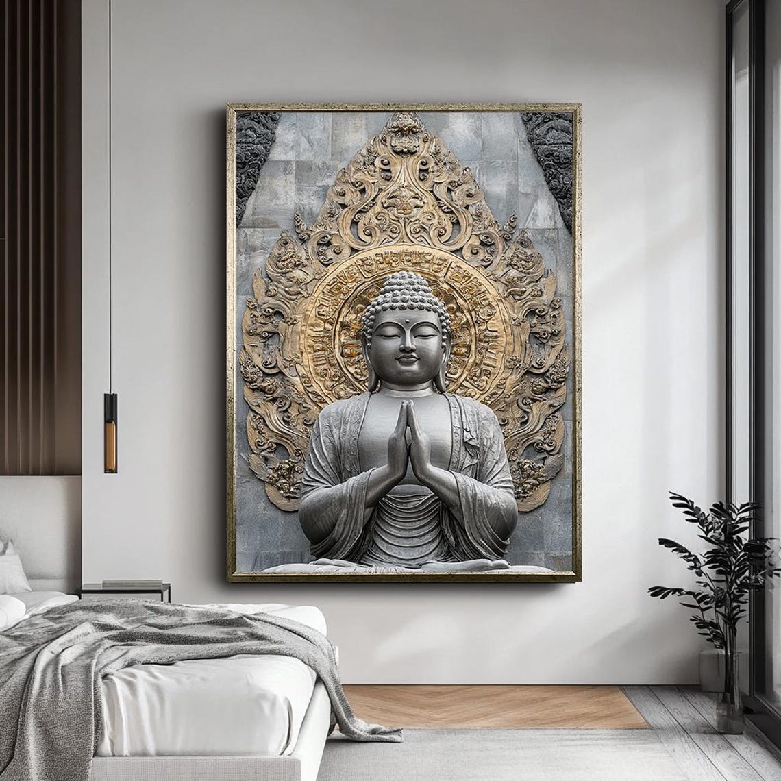 Silver Buddha Praying Hands Ornate Halo Serene Zen Meditation Poster - Image 4