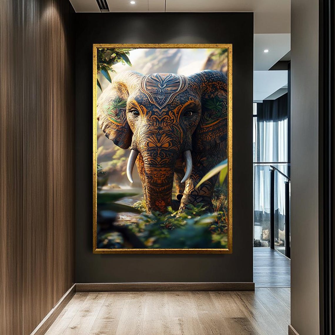 Ornate Tribal Pattern Elephant Portrait Lush Jungle Wildlife Art Print - Image 2