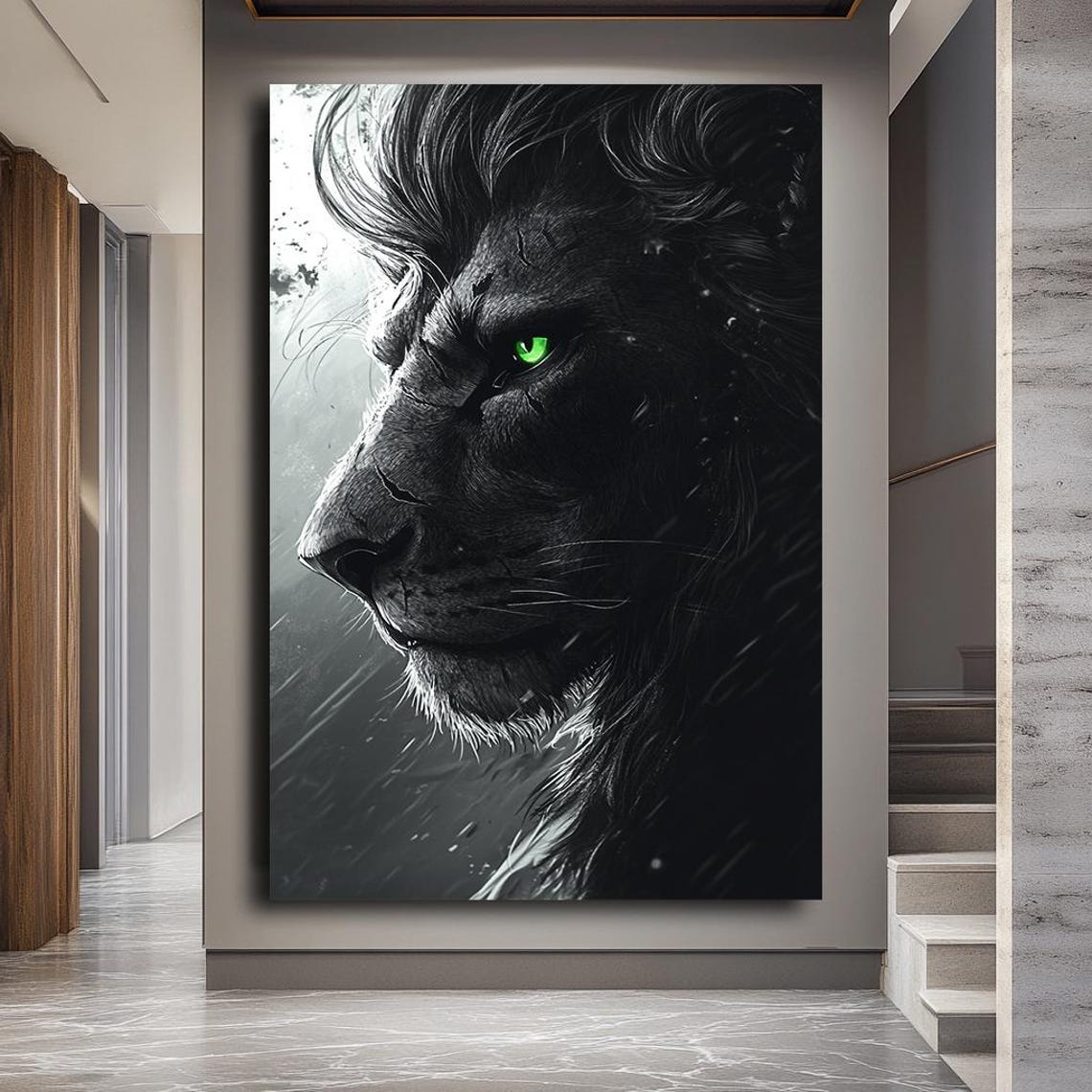Majestic Black Lion Striking Green Eye Dramatic Wildlife Art Poster - Image 4