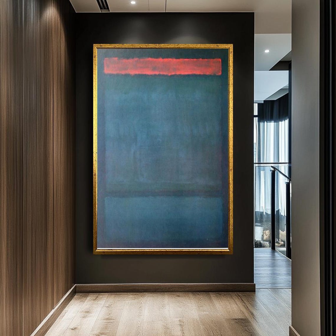 Teal Abstract With Red Band Rothko Style Minimalist Dark Wall Art - Image 3