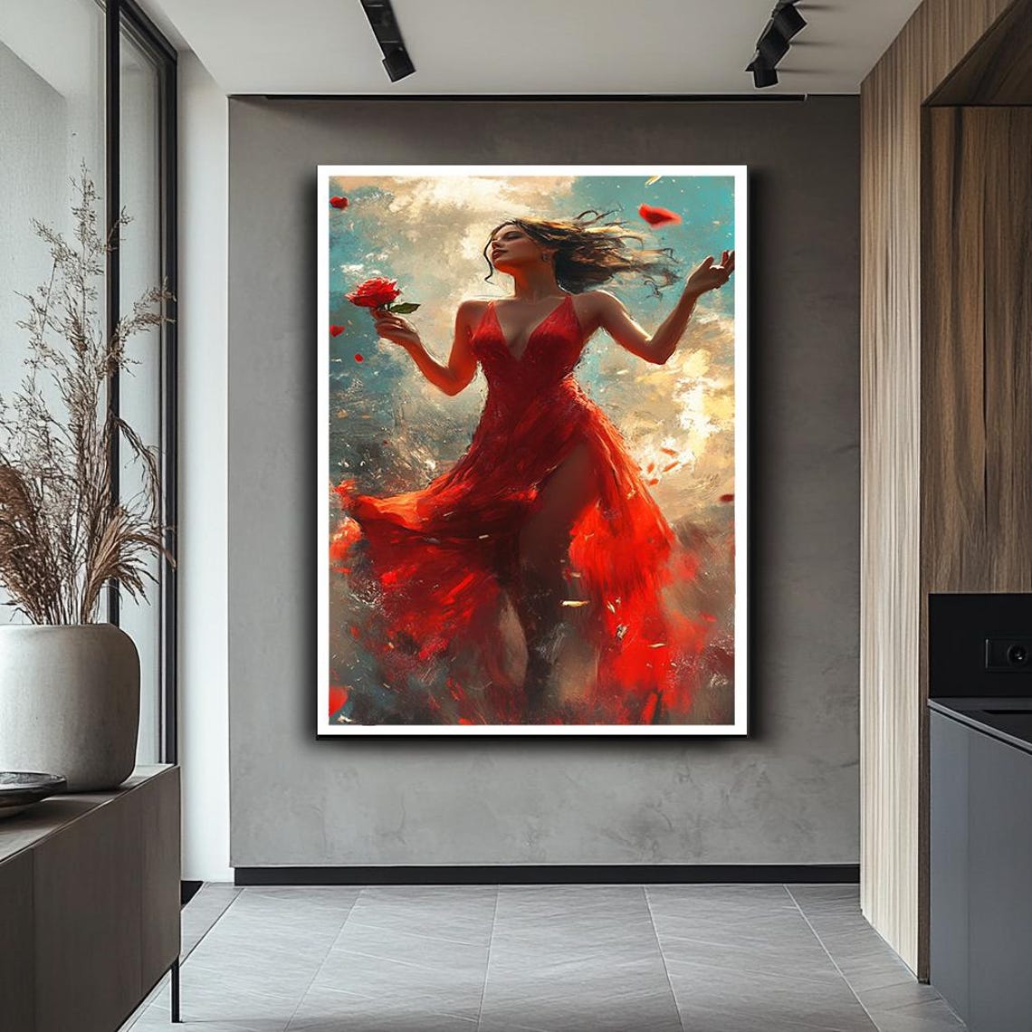 Dancing Woman Red Dress Rose Petals Passionate Romantic Art Poster - Image 2