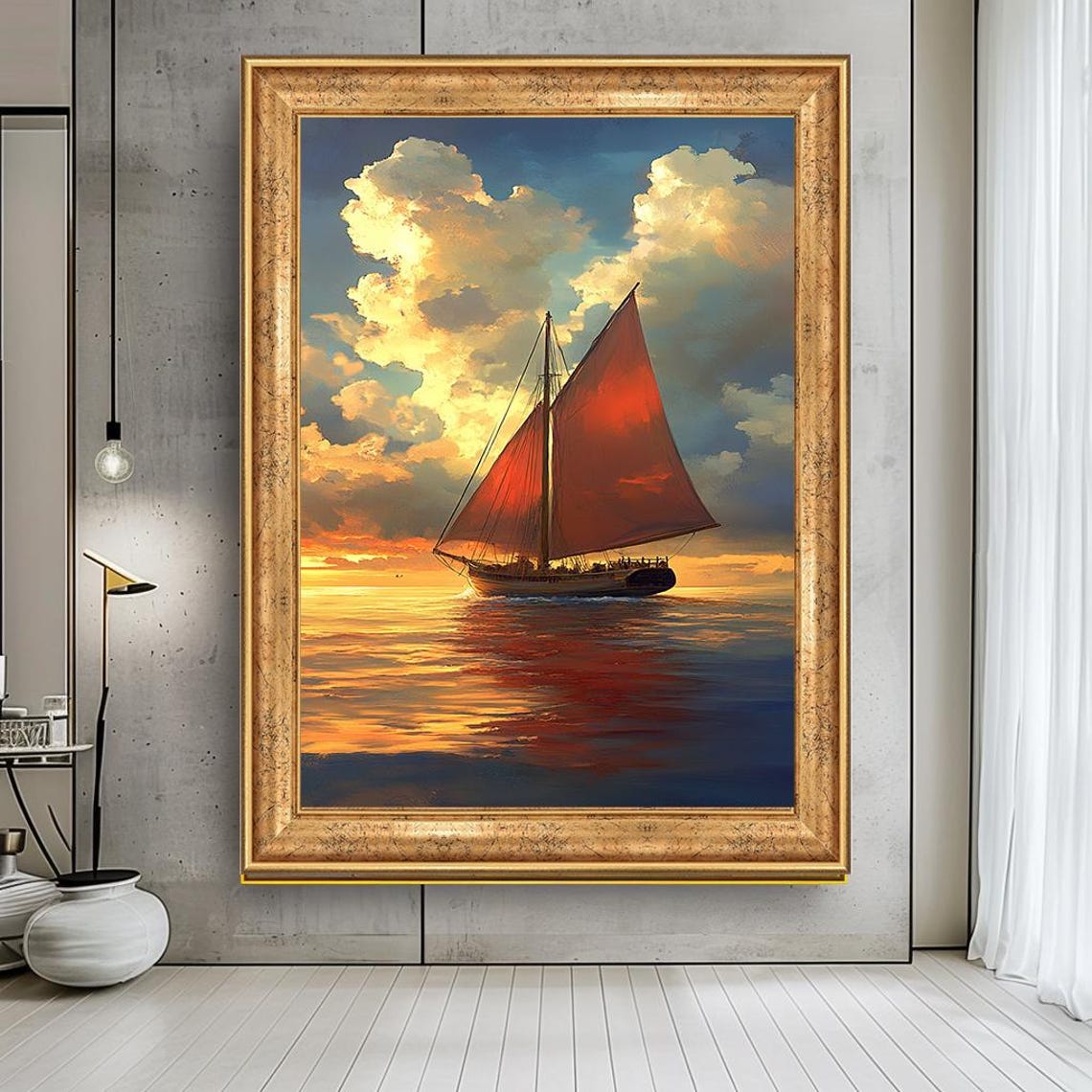 Red Sailboat at Sunset Oil Painting Poster with Golden Ocean Waves
