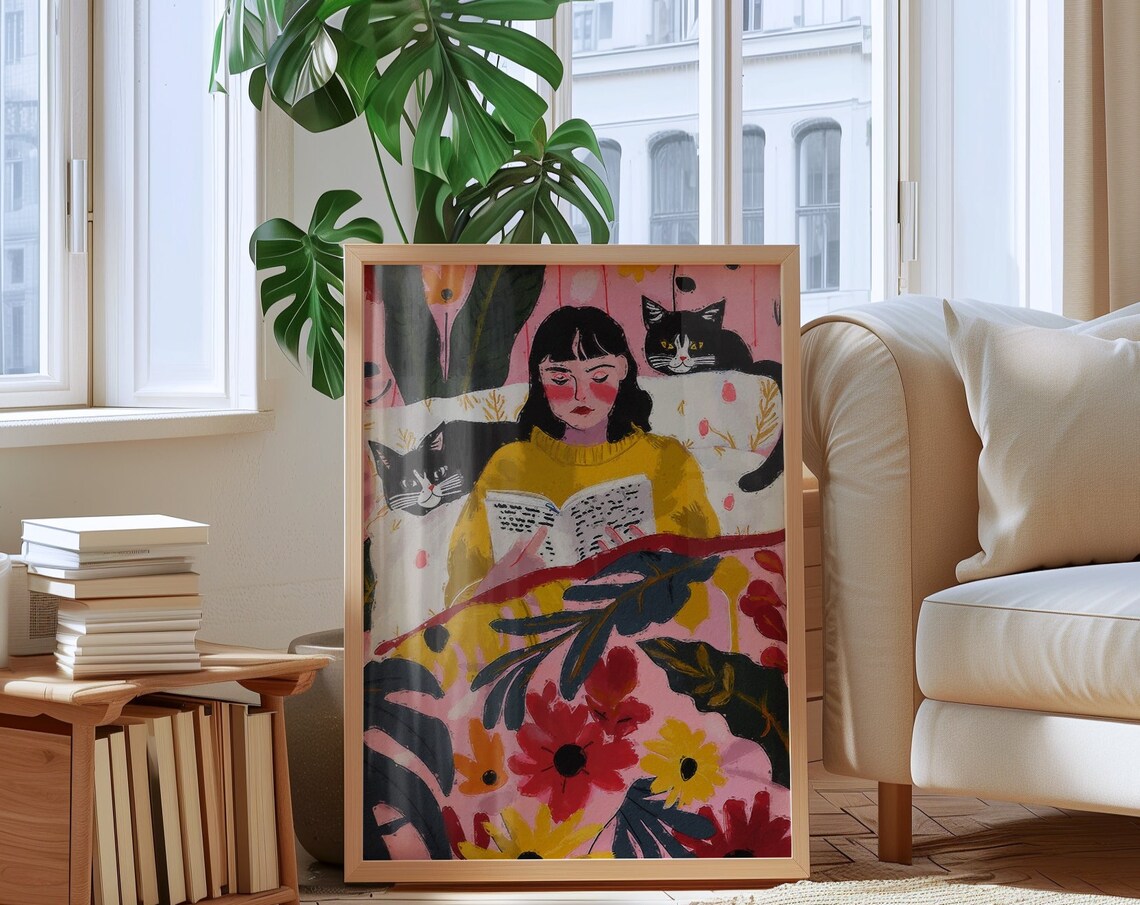 Cozy Woman Reading In Bed With Two Cats Floral Bedroom Art Poster