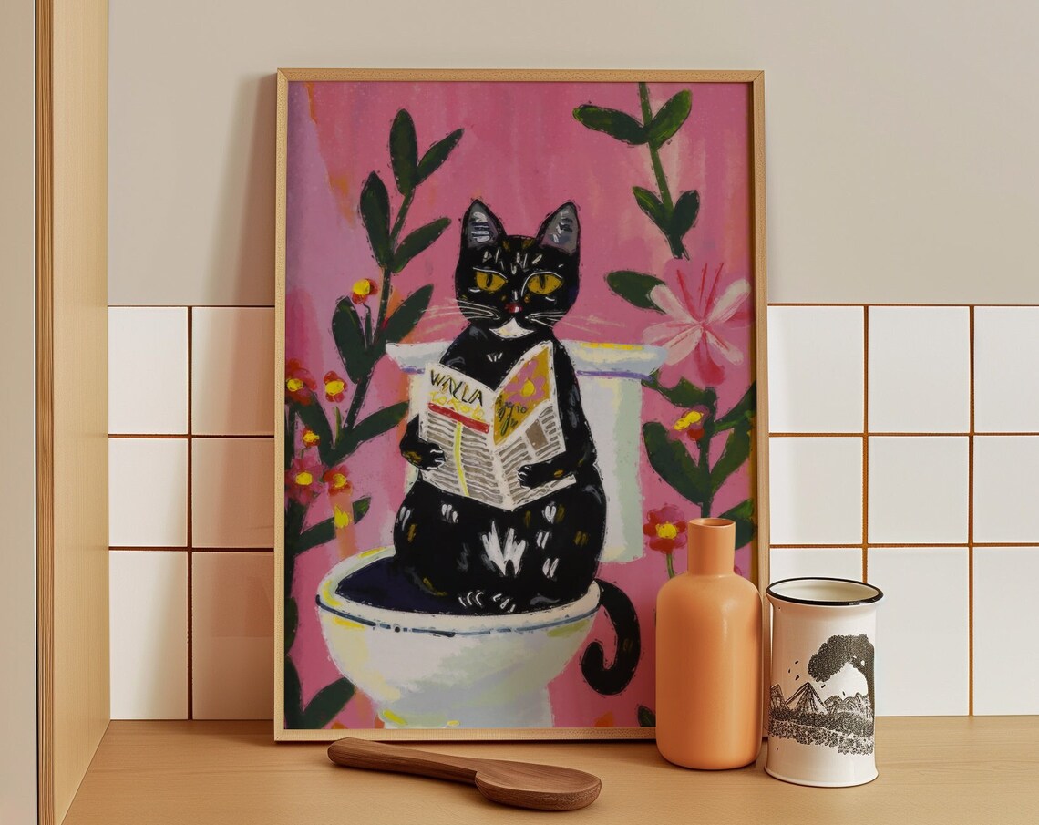 Black Cat Reading Newspaper On The Toilet Funny Bathroom Art Poster