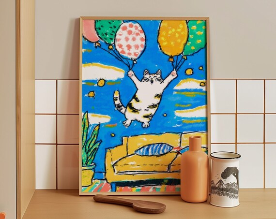Joyful Tabby Cat Floating Through the Sky on Colorful Balloons Poster