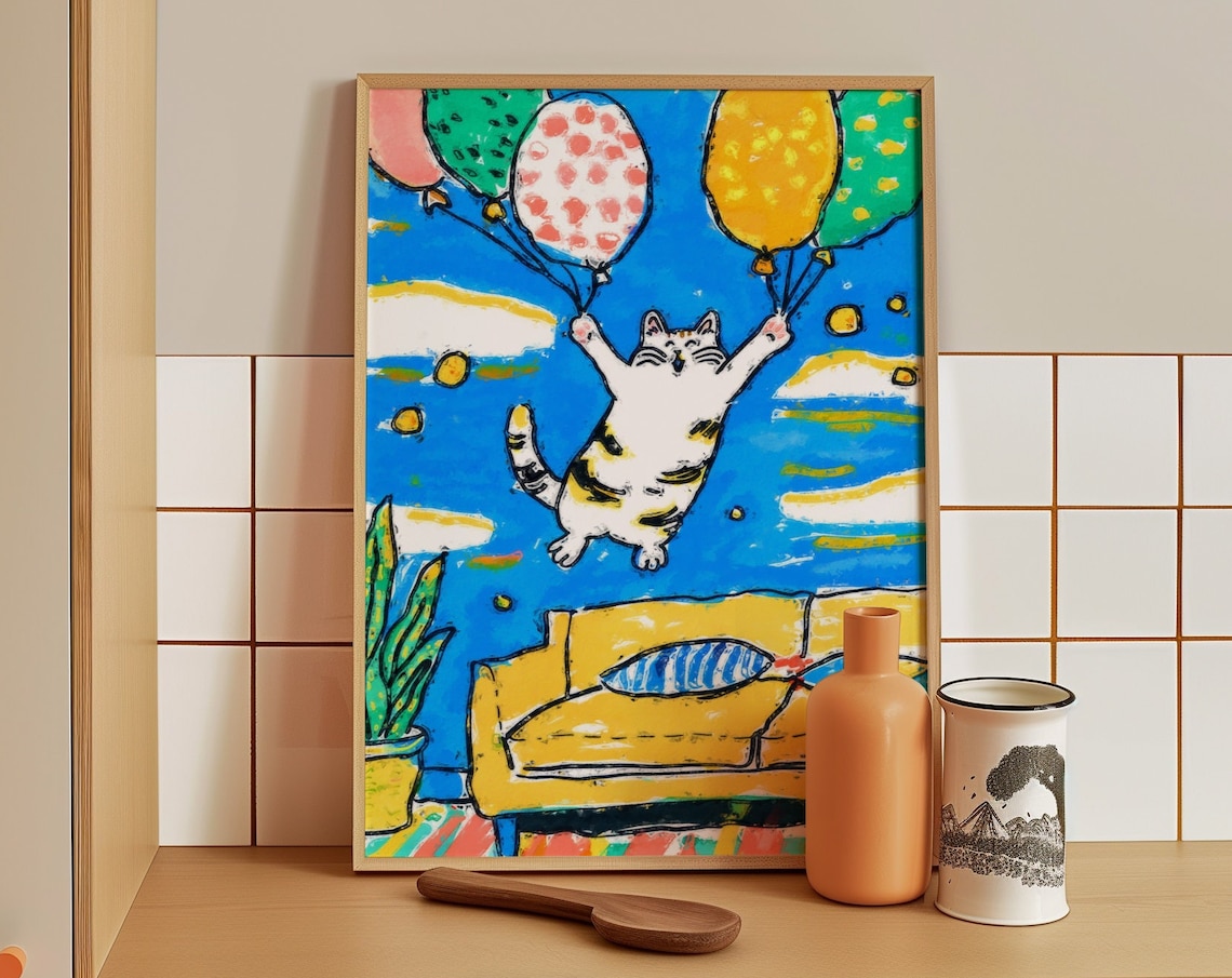 Joyful Tabby Cat Floating Through the Sky on Colorful Balloons Poster