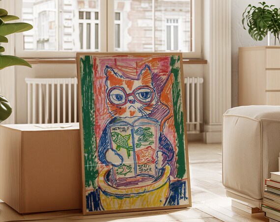 Funny Cat With Glasses Reading Fish Book Cozy Library Cat Poster