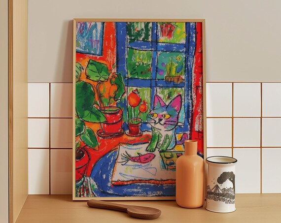 Cat In Window With Flowers Colorful Whimsical Kitchen Cat Poster