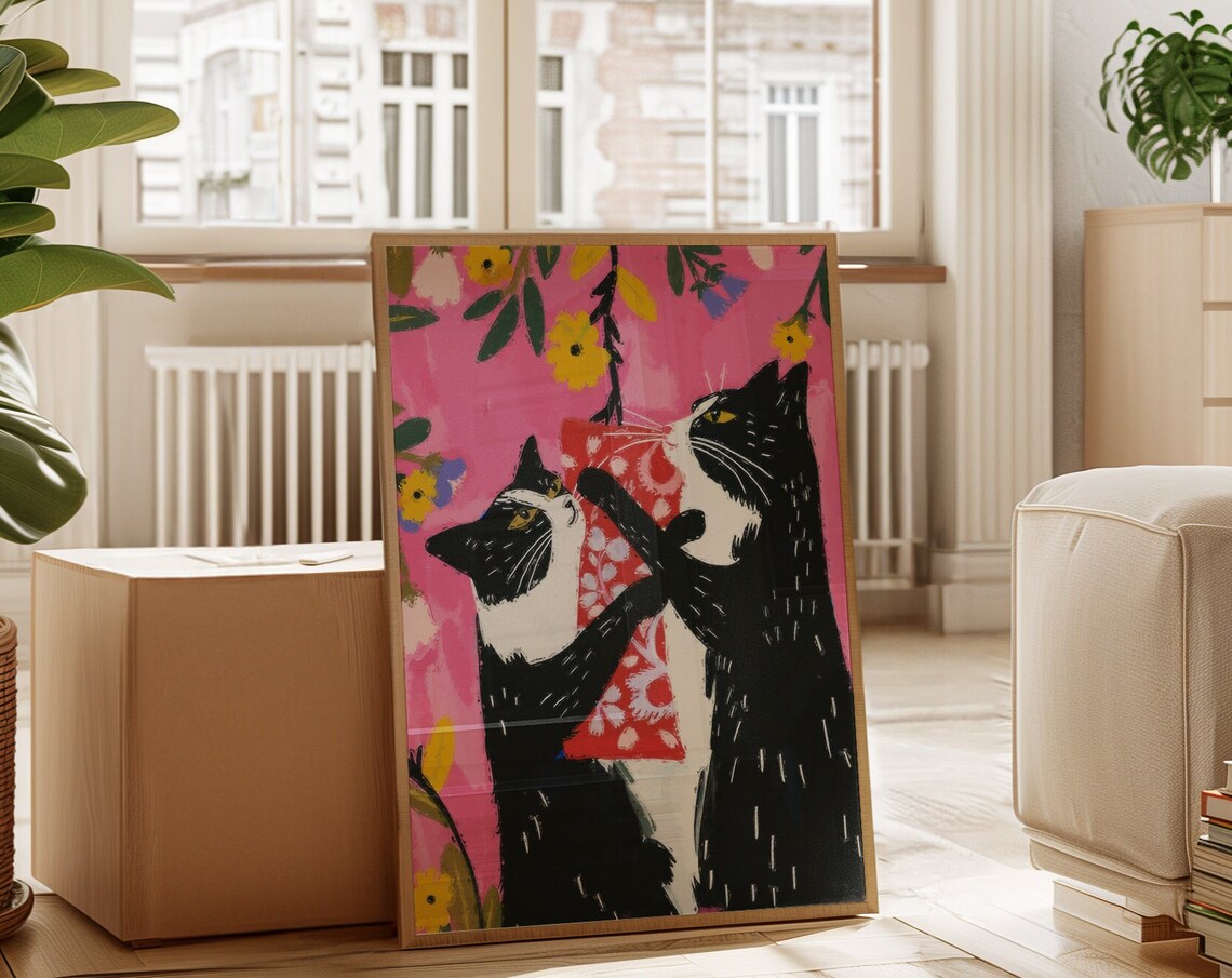 Two Tuxedo Cats Tugging Over A Red Gift Box Playful Holiday Art Poster