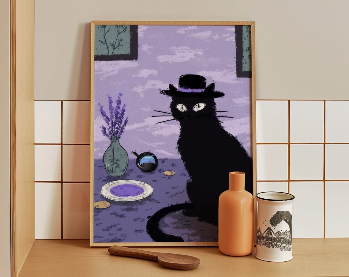 Sleuth Black Cat In Bowler Hat At Tea Table Detective Art Poster