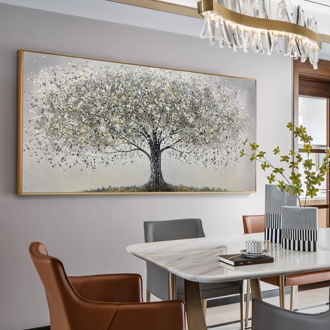 Grey Tree of Life Silver Grey Elegant Panoramic Canvas Decor Poster - Image 2