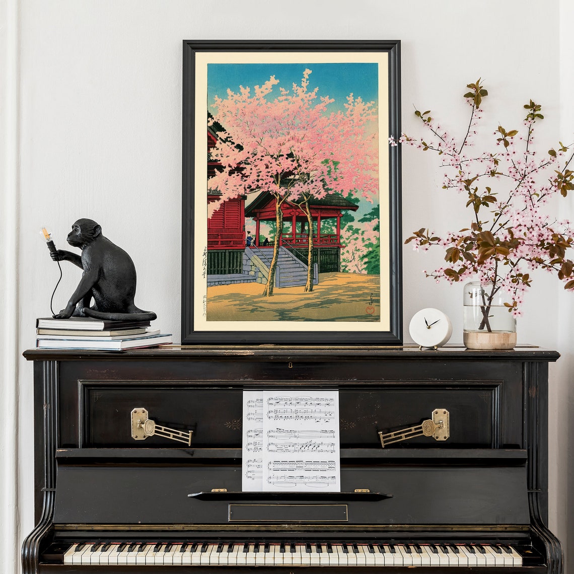 Japanese Cherry Blossom Temple Spring Woodblock Style Art Poster - Image 3