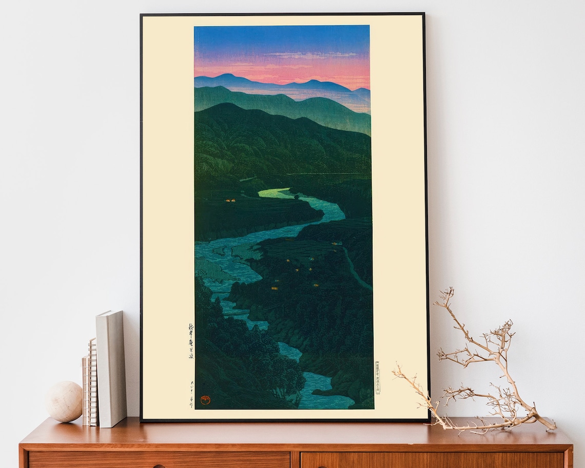 Japanese Mountain River Dusk Woodblock Style Narrow Art Poster