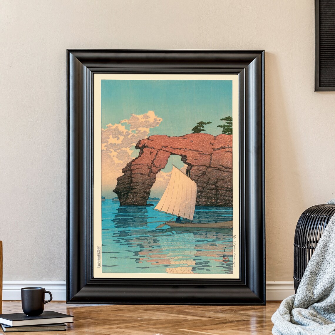 Japanese Stone Arch Sea Sailboat Woodblock Style Coastal Poster - Image 3