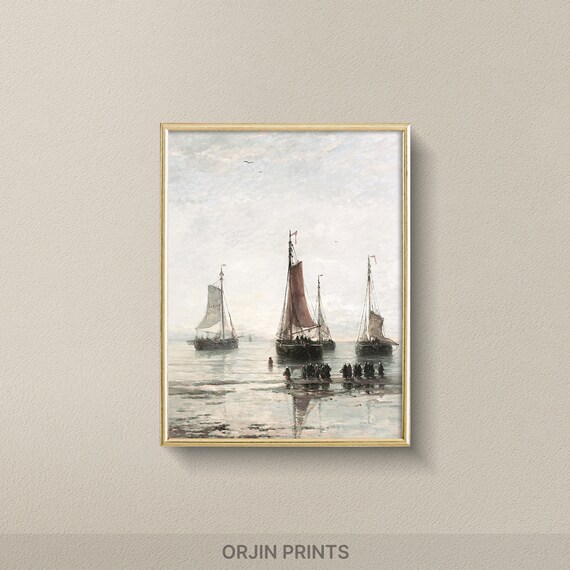 Tall Ships At Sea Figures Wading Vintage Nautical Painting Poster