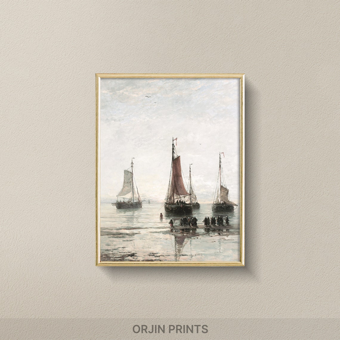 Tall Ships At Sea Figures Wading Vintage Nautical Painting Poster