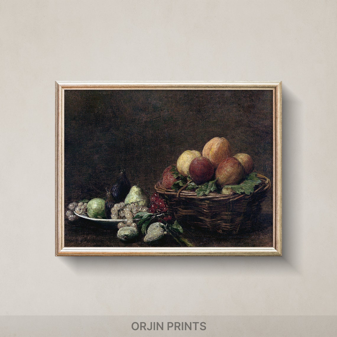 Dark Moody Still Life Fruit Basket Peaches Figs Grapes Art Poster