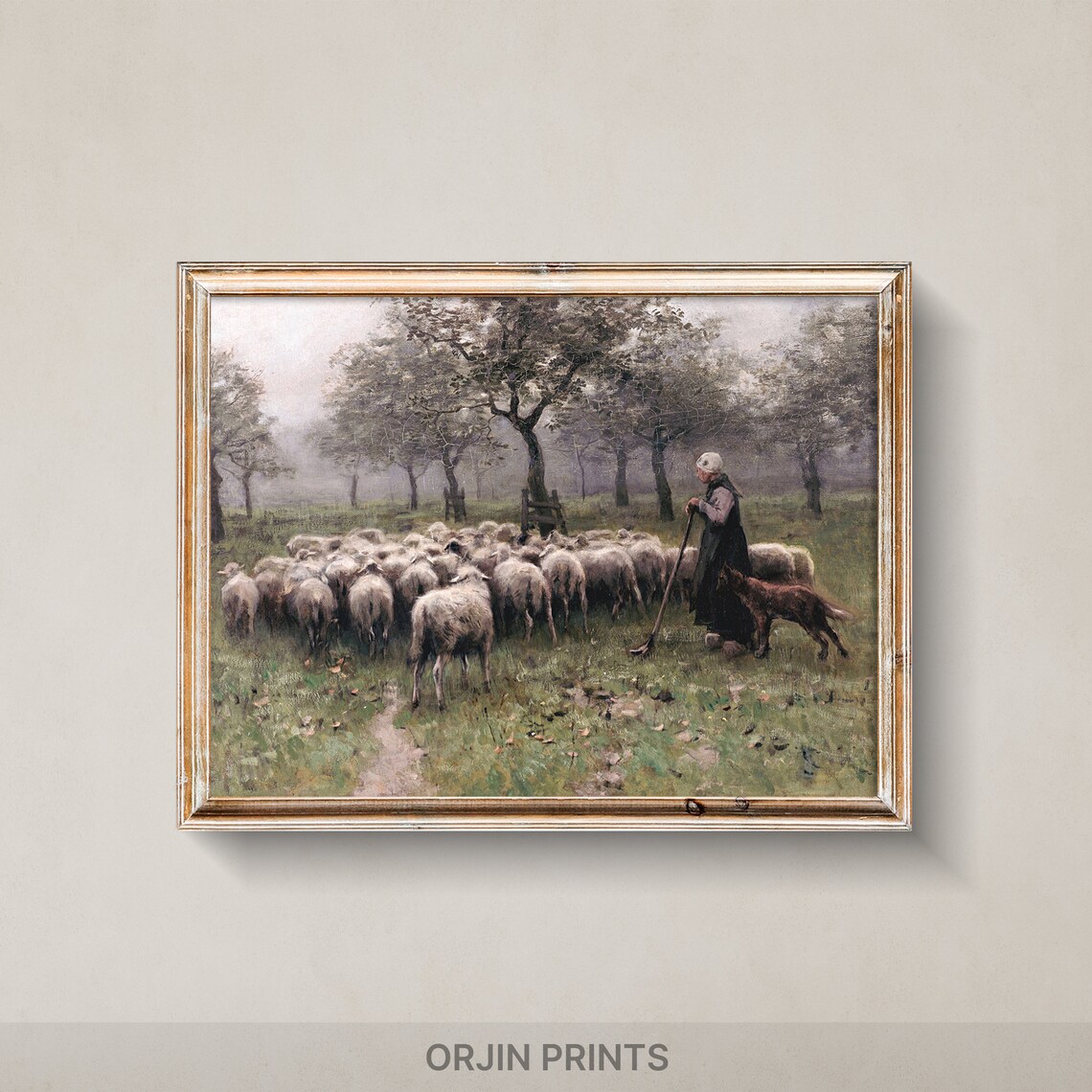 Shepherdess With Sheep Flock Misty Pasture Oil Painting Wall Art